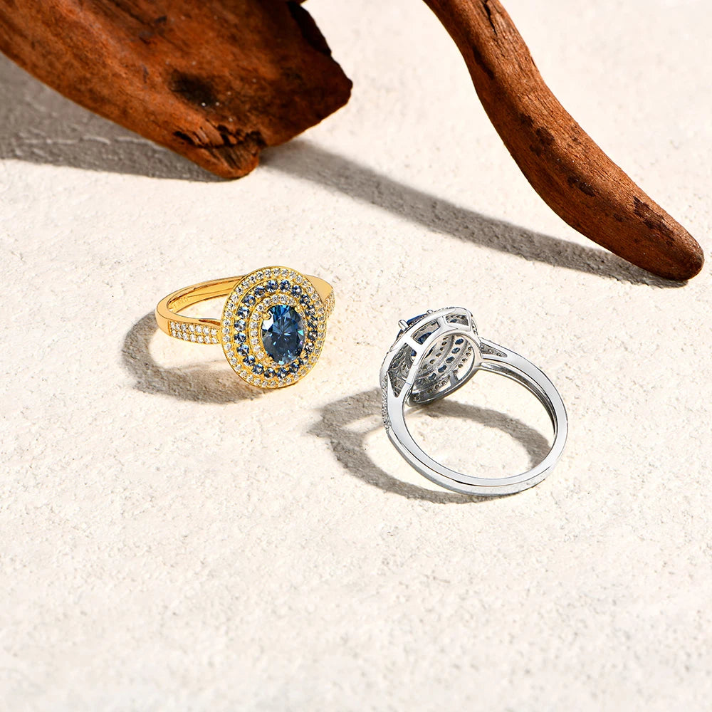 Blue Moissanite Oval Ring